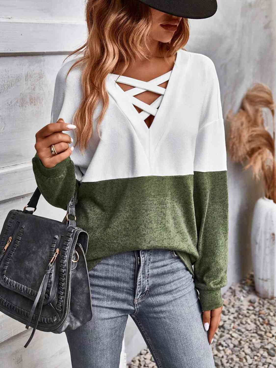 Two - Tone Crisscross Detail Sweatshirt - Sweatshirt - White - Bella Bourget