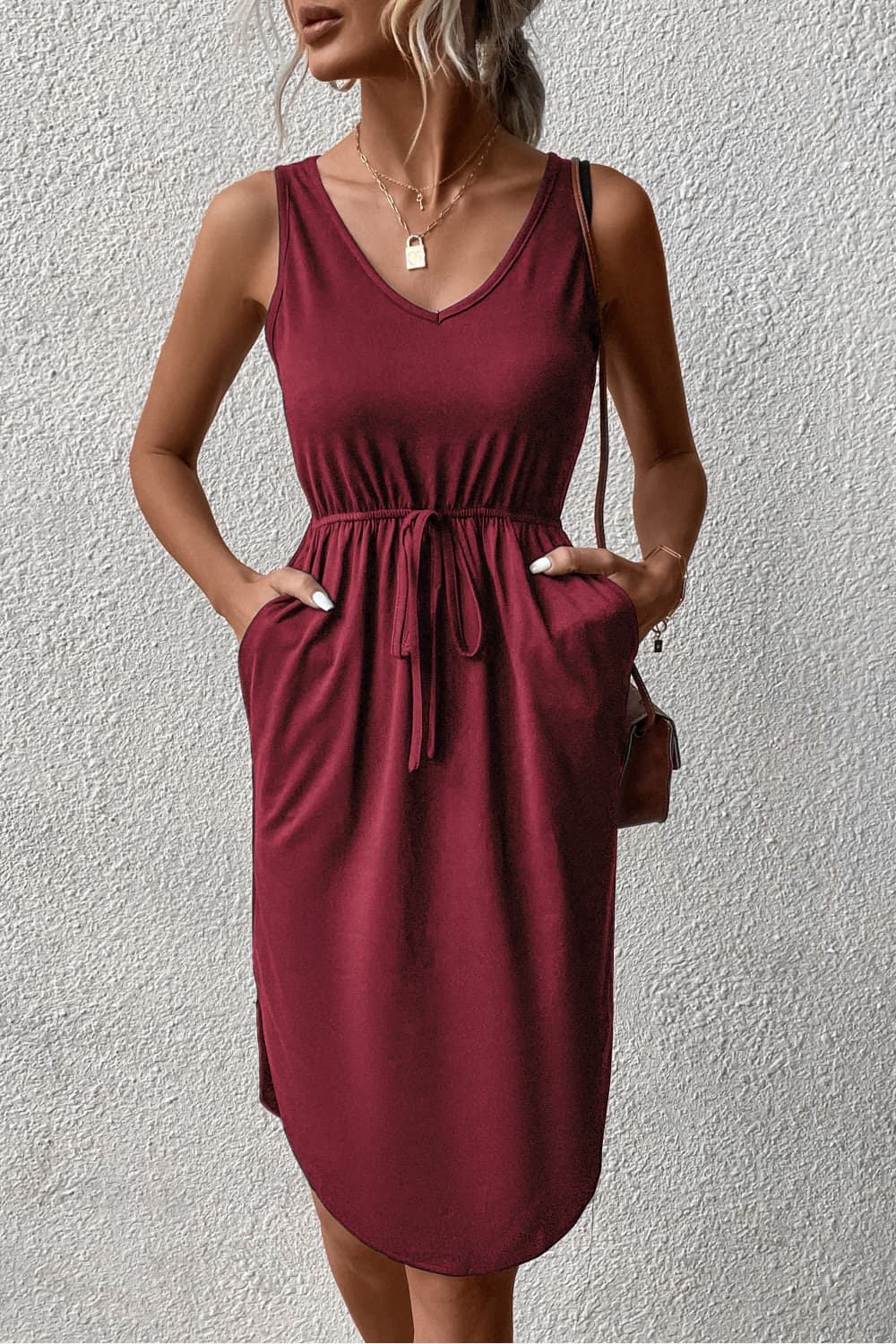 V - Neck Curved Hem Sleeveless Dress - Dress - Wine - Bella Bourget