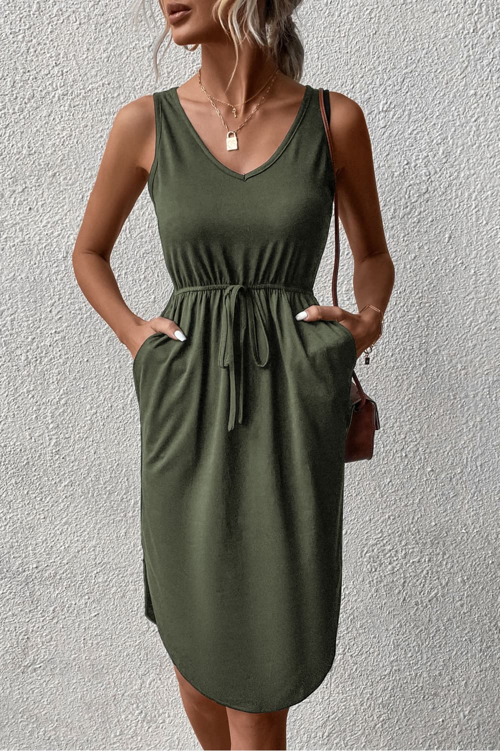 V - Neck Curved Hem Sleeveless Dress - Dress - Army Green - Bella Bourget