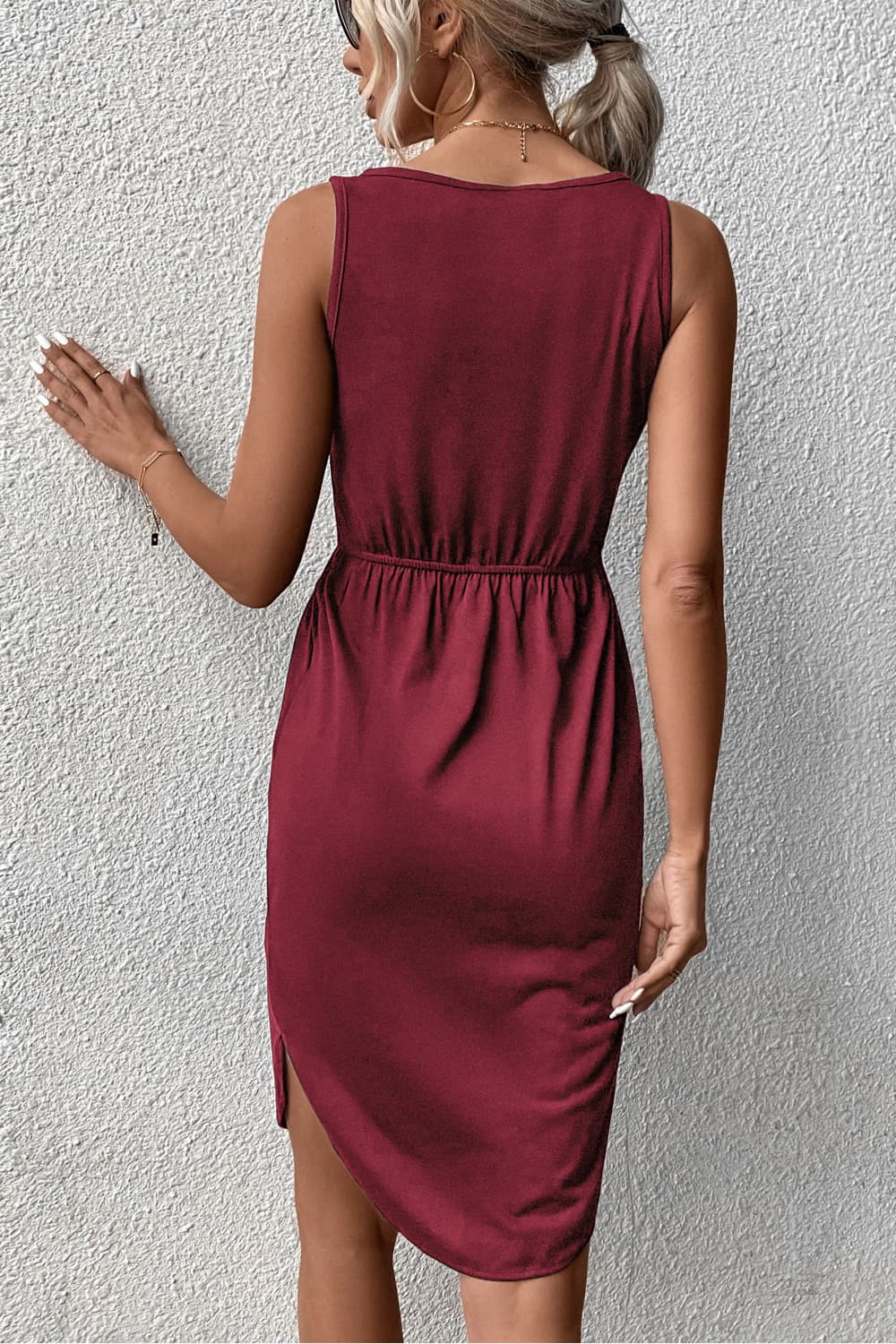 V - Neck Curved Hem Sleeveless Dress - Dress - Wine - Bella Bourget