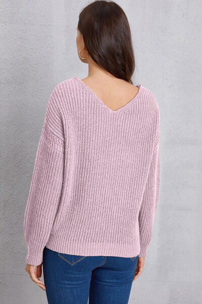 V - Neck Dropped Shoulder Knit Top with Pockets - Sweater - Lavender - Bella Bourget