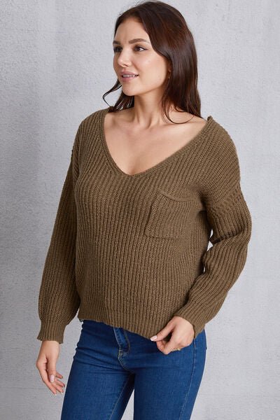 V - Neck Dropped Shoulder Knit Top with Pockets - Sweater - Chestnut - Bella Bourget