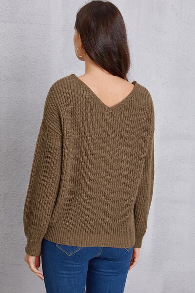 V - Neck Dropped Shoulder Knit Top with Pockets - Sweater - Chestnut - Bella Bourget