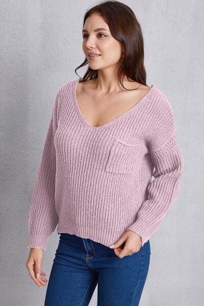 V - Neck Dropped Shoulder Knit Top with Pockets - Sweater - Lavender - Bella Bourget