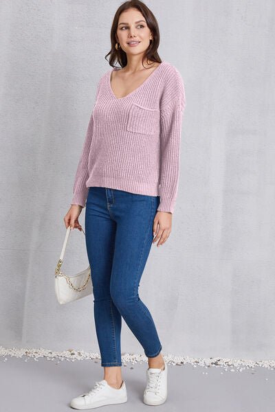 V - Neck Dropped Shoulder Knit Top with Pockets - Sweater - Lavender - Bella Bourget