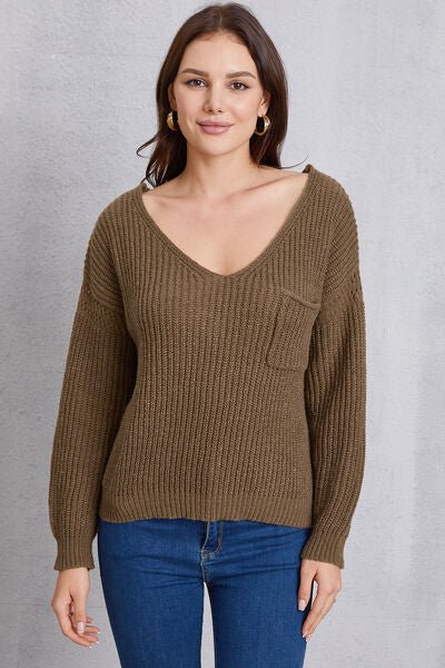 V - Neck Dropped Shoulder Knit Top with Pockets - Sweater - Chestnut - Bella Bourget