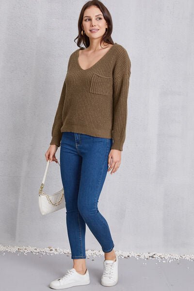 V - Neck Dropped Shoulder Knit Top with Pockets - Sweater - Chestnut - Bella Bourget