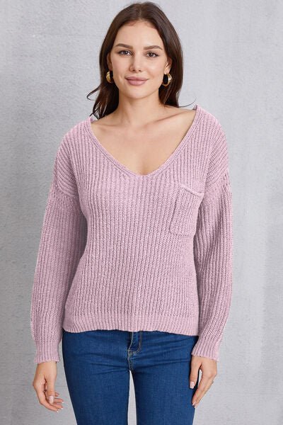 V - Neck Dropped Shoulder Knit Top with Pockets - Sweater - Lavender - Bella Bourget