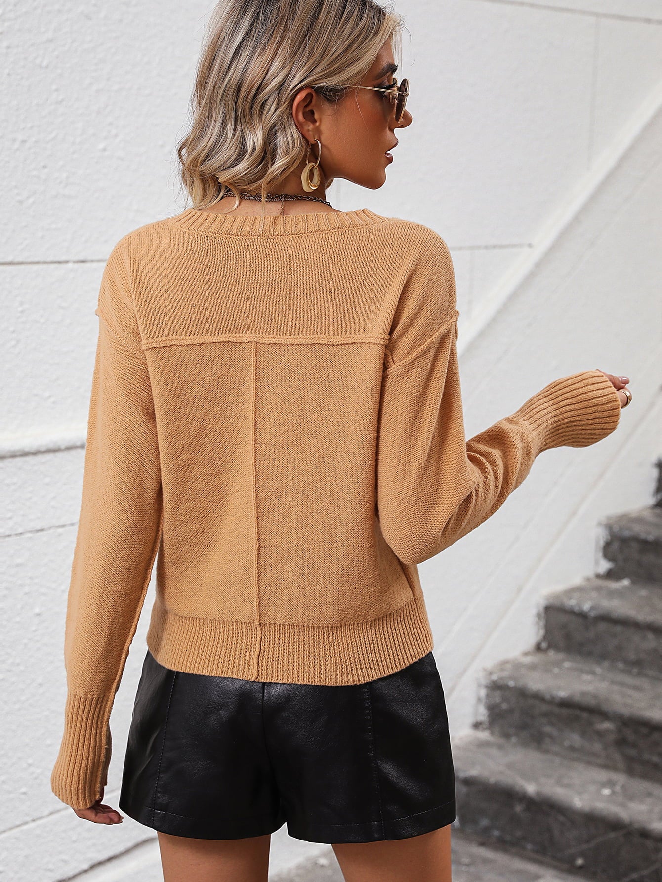 V - Neck Dropped Shoulder Long Sleeve Knit Top - Knit Top - Camel - Bella Bourget