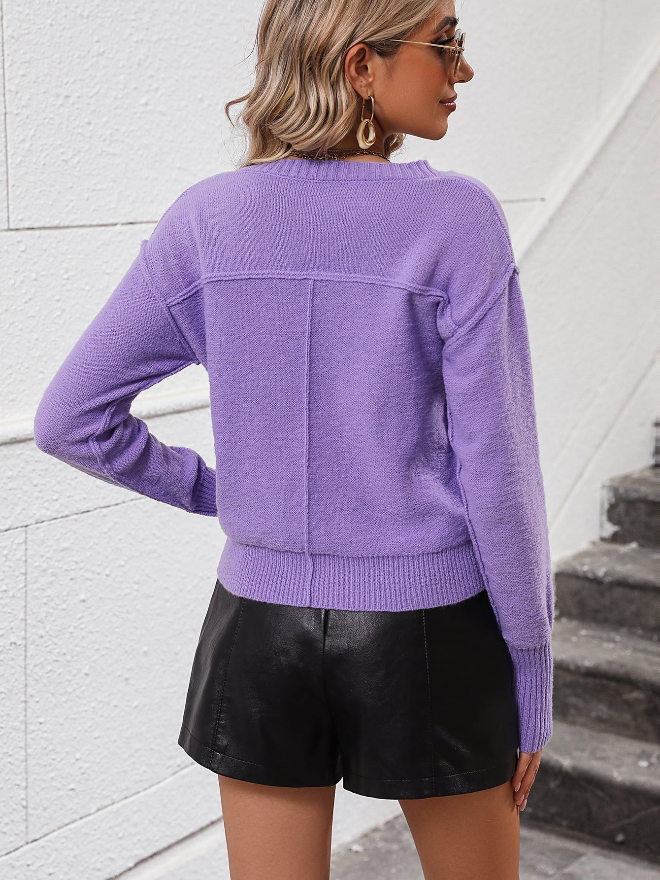 V - Neck Dropped Shoulder Long Sleeve Knit Top - Knit Top - Lavender - Bella Bourget