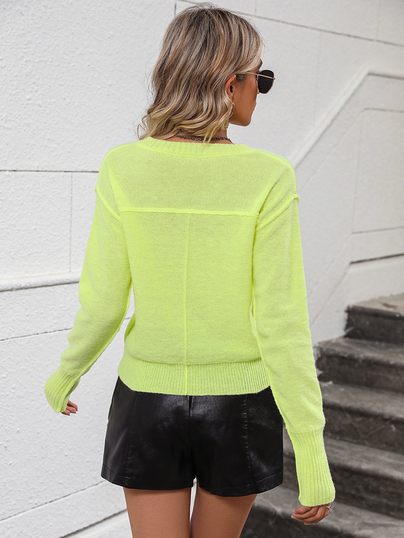 V - Neck Dropped Shoulder Long Sleeve Knit Top - Knit Top - Lime - Bella Bourget