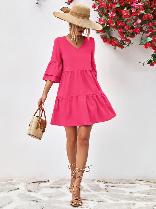 V - Neck Flare Sleeve Mini Dress - Dress - Hot Pink - Bella Bourget