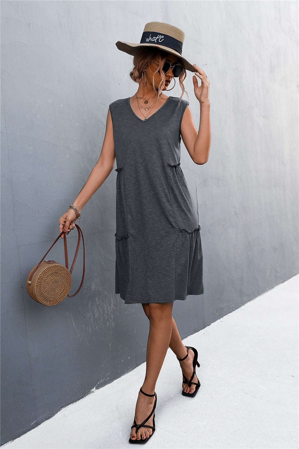 V - Neck Frill Trim Sleeveless Dress - Dress - Gray - Bella Bourget