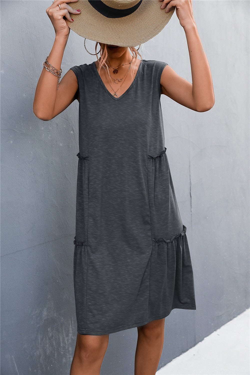 V - Neck Frill Trim Sleeveless Dress - Dress - Gray - Bella Bourget