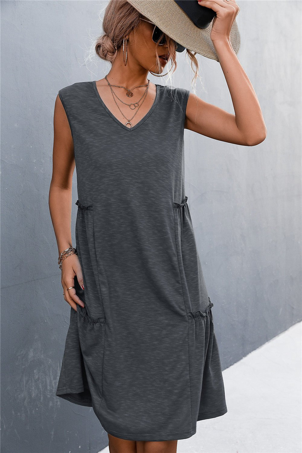 V - Neck Frill Trim Sleeveless Dress - Dress - Gray - Bella Bourget