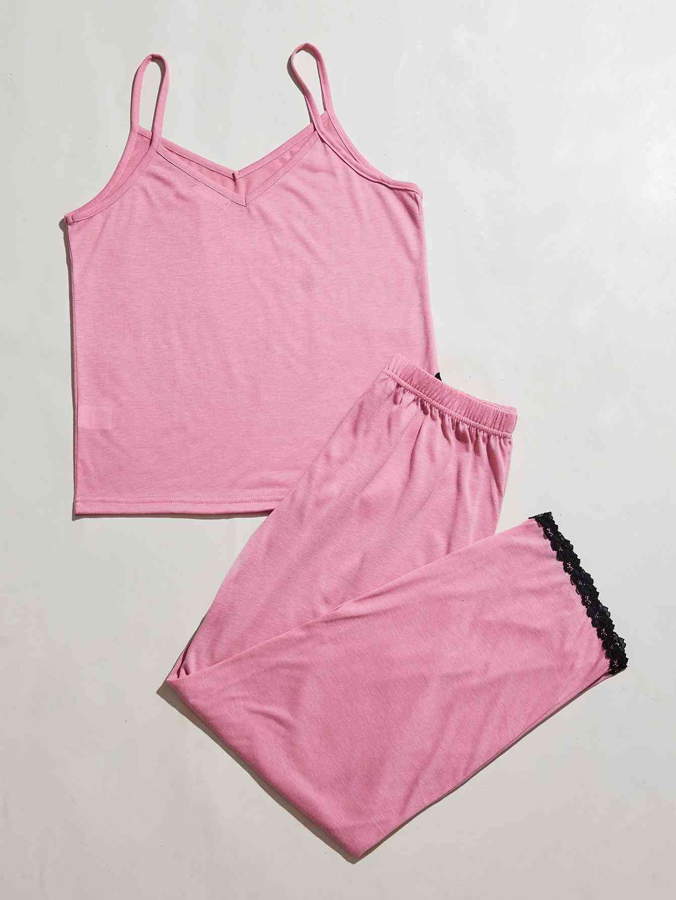 V - Neck Lace Trim Slit Cami and Pants Pajama Set - Loungewear - Pink - Bella Bourget