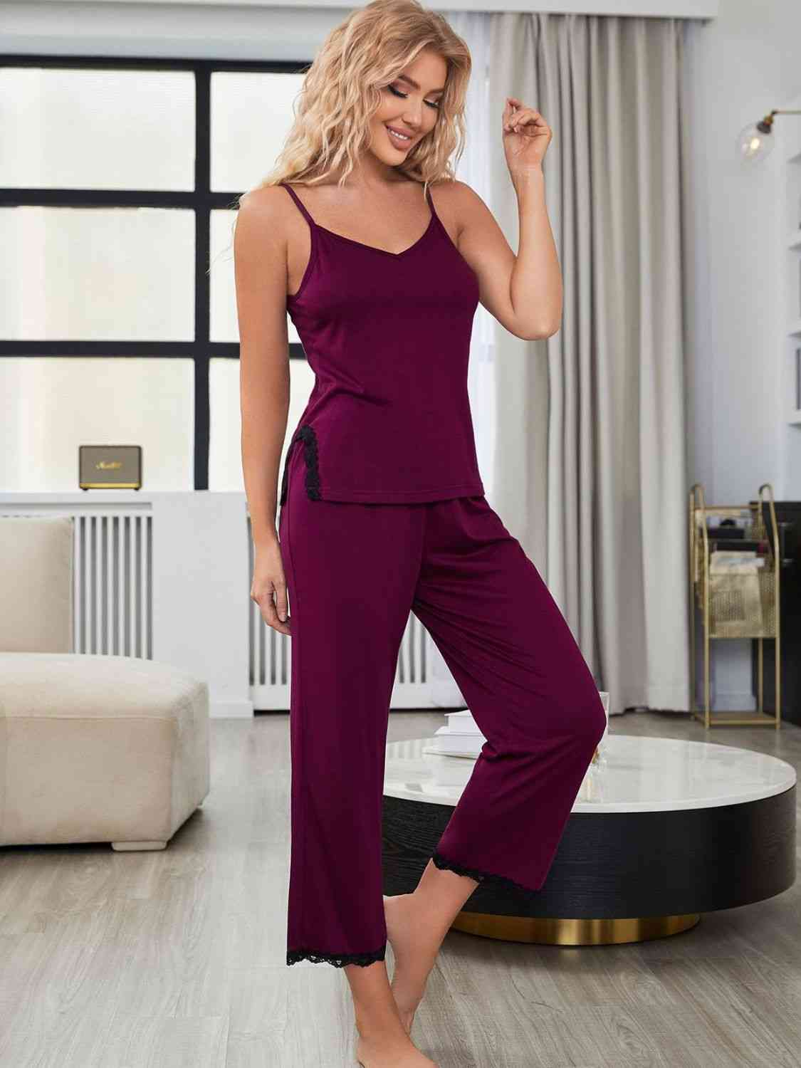 V - Neck Lace Trim Slit Cami and Pants Pajama Set - Loungewear - Magenta - Bella Bourget