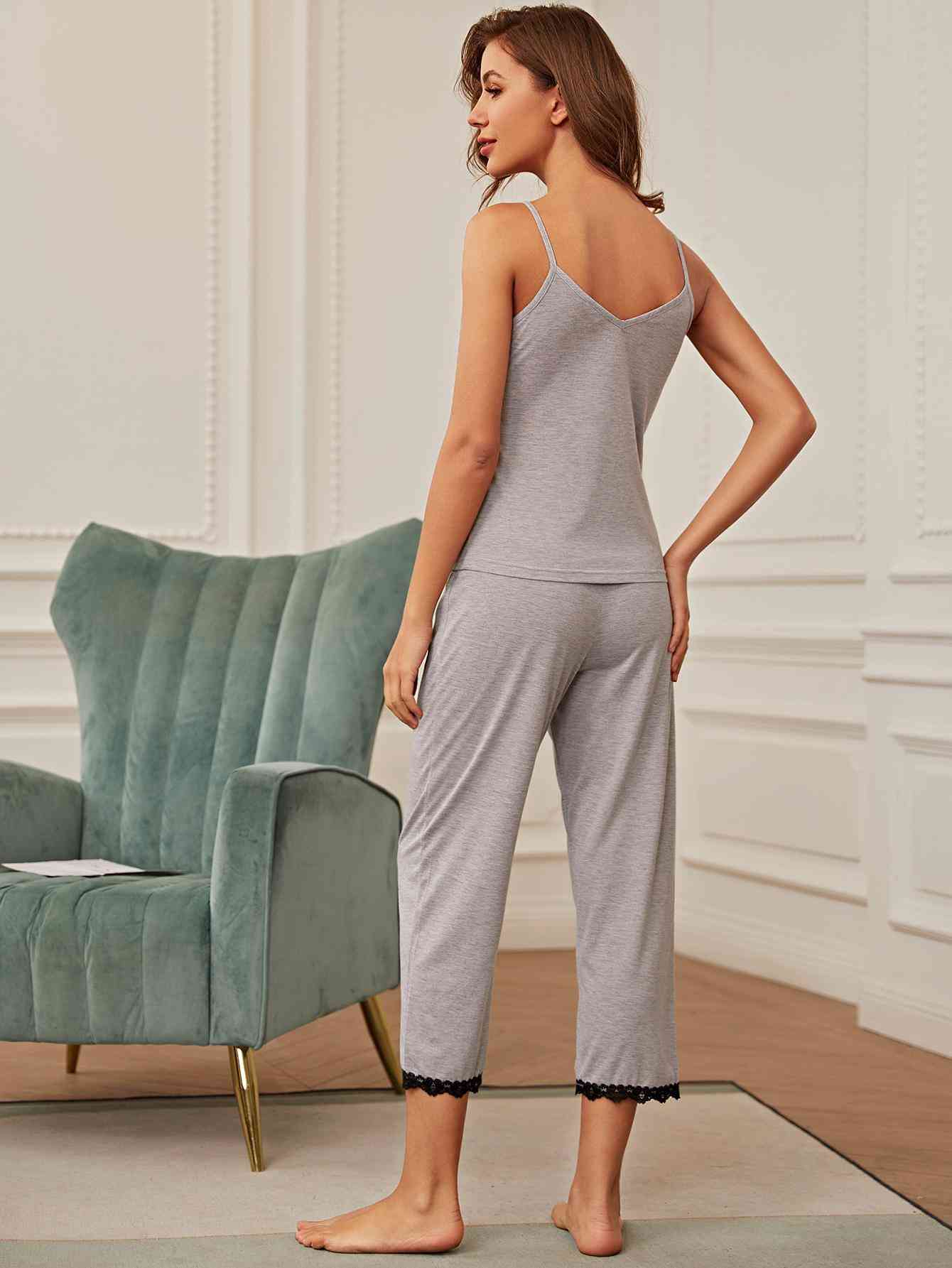 V - Neck Lace Trim Slit Cami and Pants Pajama Set - Loungewear - Light Gray - Bella Bourget