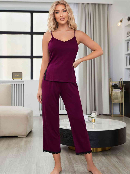 V - Neck Lace Trim Slit Cami and Pants Pajama Set - Loungewear - Magenta - Bella Bourget