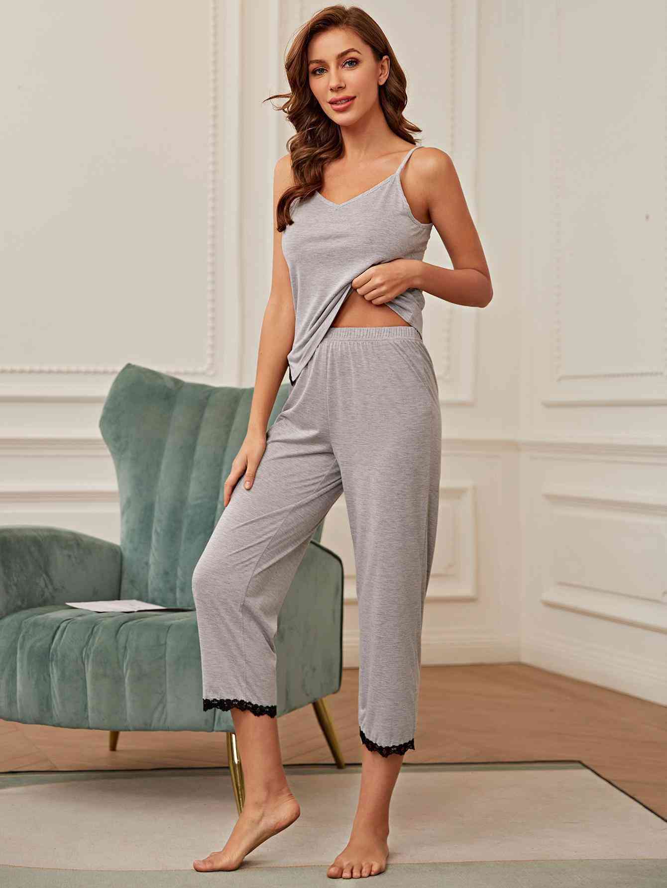 V - Neck Lace Trim Slit Cami and Pants Pajama Set - Loungewear - Light Gray - Bella Bourget