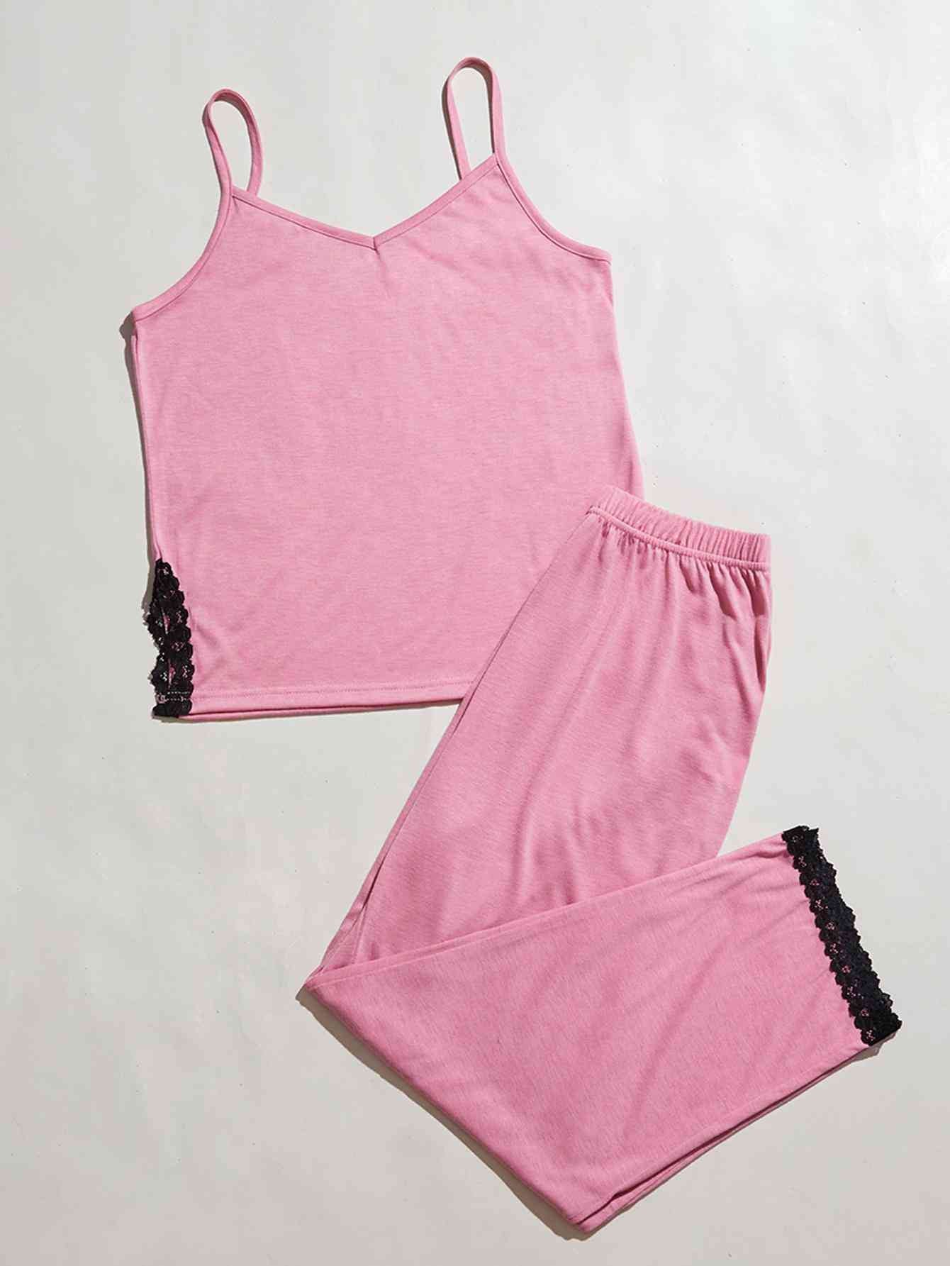 V - Neck Lace Trim Slit Cami and Pants Pajama Set - Loungewear - Pink - Bella Bourget