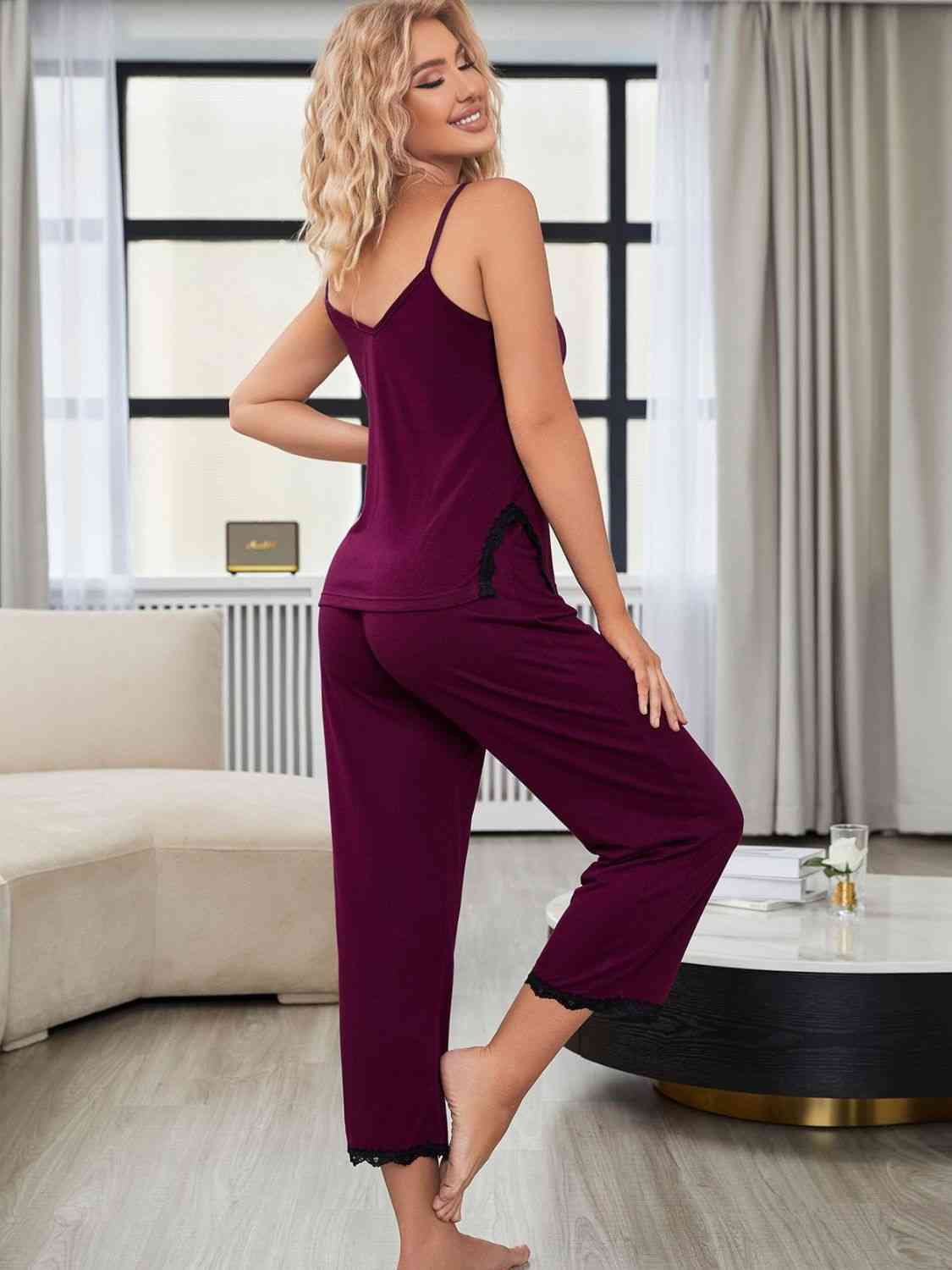 V - Neck Lace Trim Slit Cami and Pants Pajama Set - Loungewear - Magenta - Bella Bourget