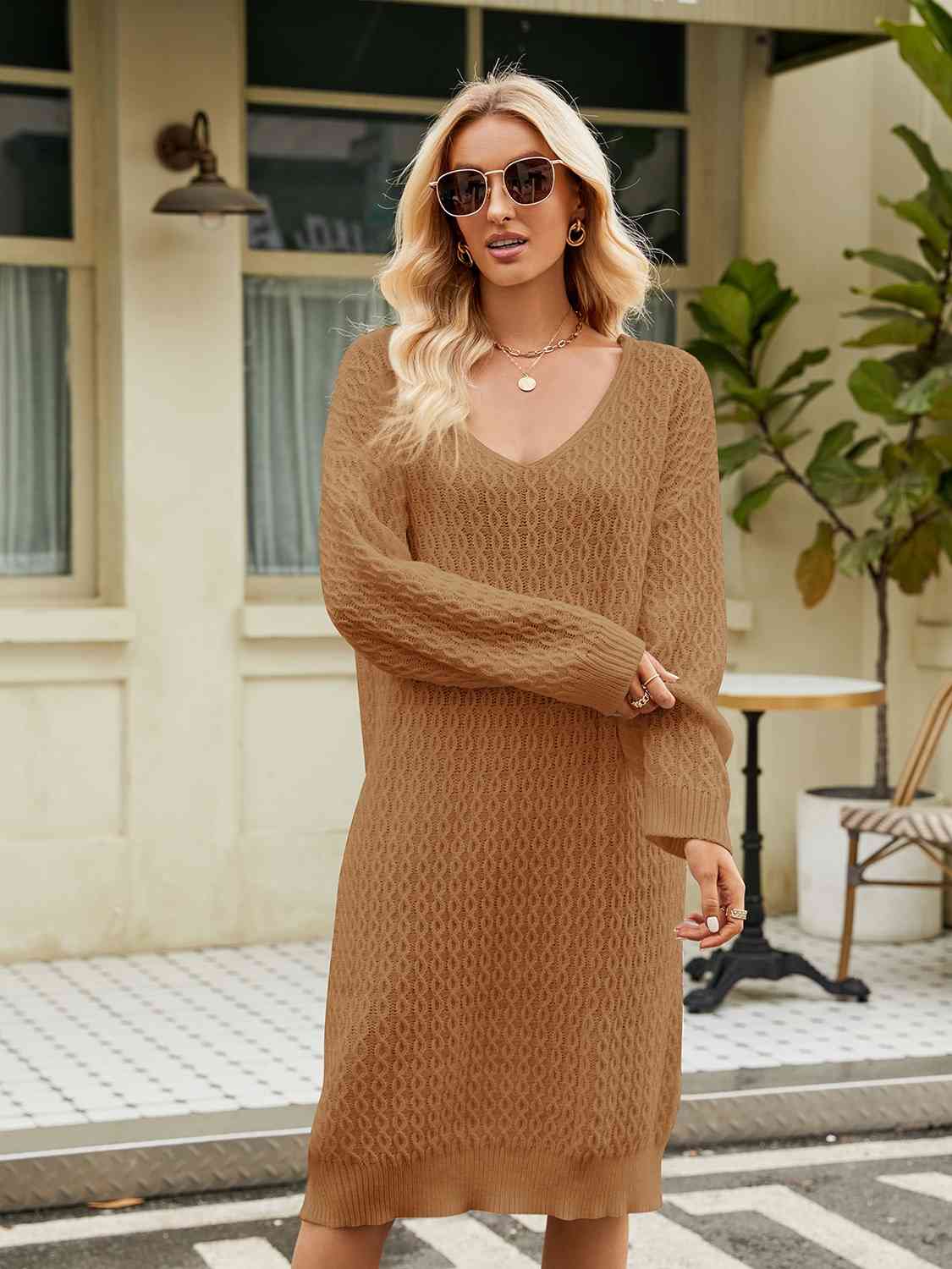 V - neck long sleeve relaxed fit sweater dress - Sweater Dress - Camel - Bella Bourget