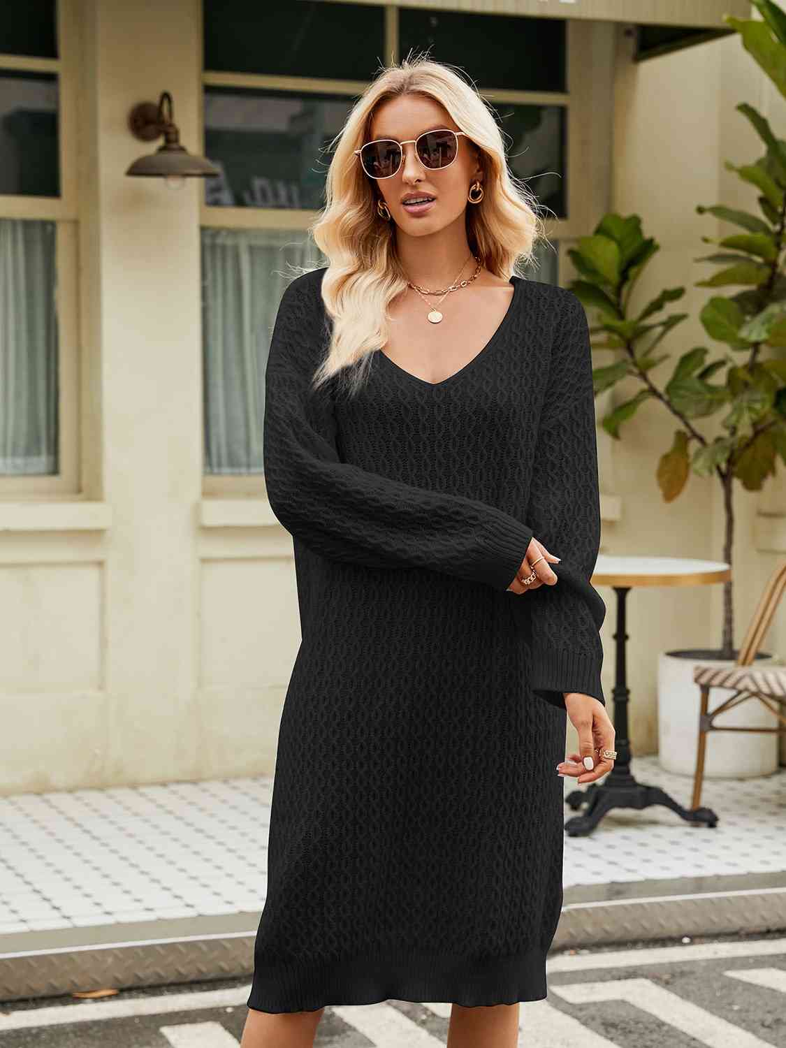 V - neck long sleeve relaxed fit sweater dress - Sweater Dress - Black - Bella Bourget