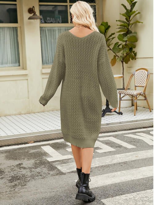 V - neck long sleeve relaxed fit sweater dress - Sweater Dress - Matcha Green - Bella Bourget