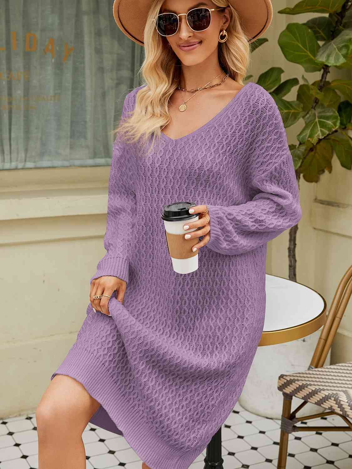 V - neck long sleeve relaxed fit sweater dress - Sweater Dress - Lavender - Bella Bourget