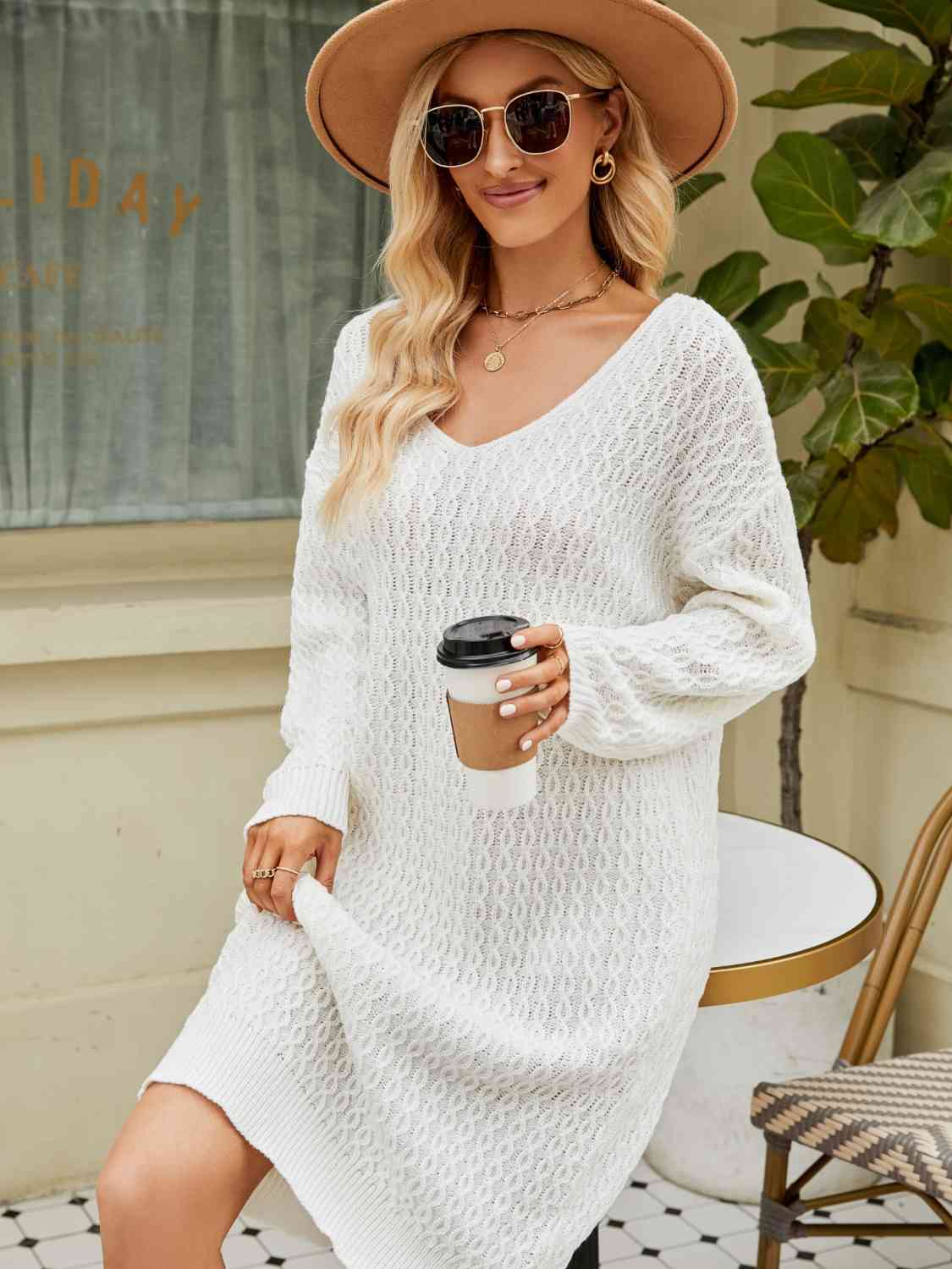V - neck long sleeve relaxed fit sweater dress - Sweater Dress - White - Bella Bourget