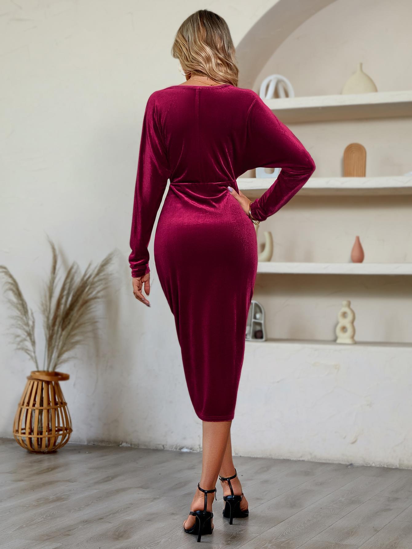 V - Neck Long Sleeve Tulip Hem Dress - Dress - Wine - Bella Bourget