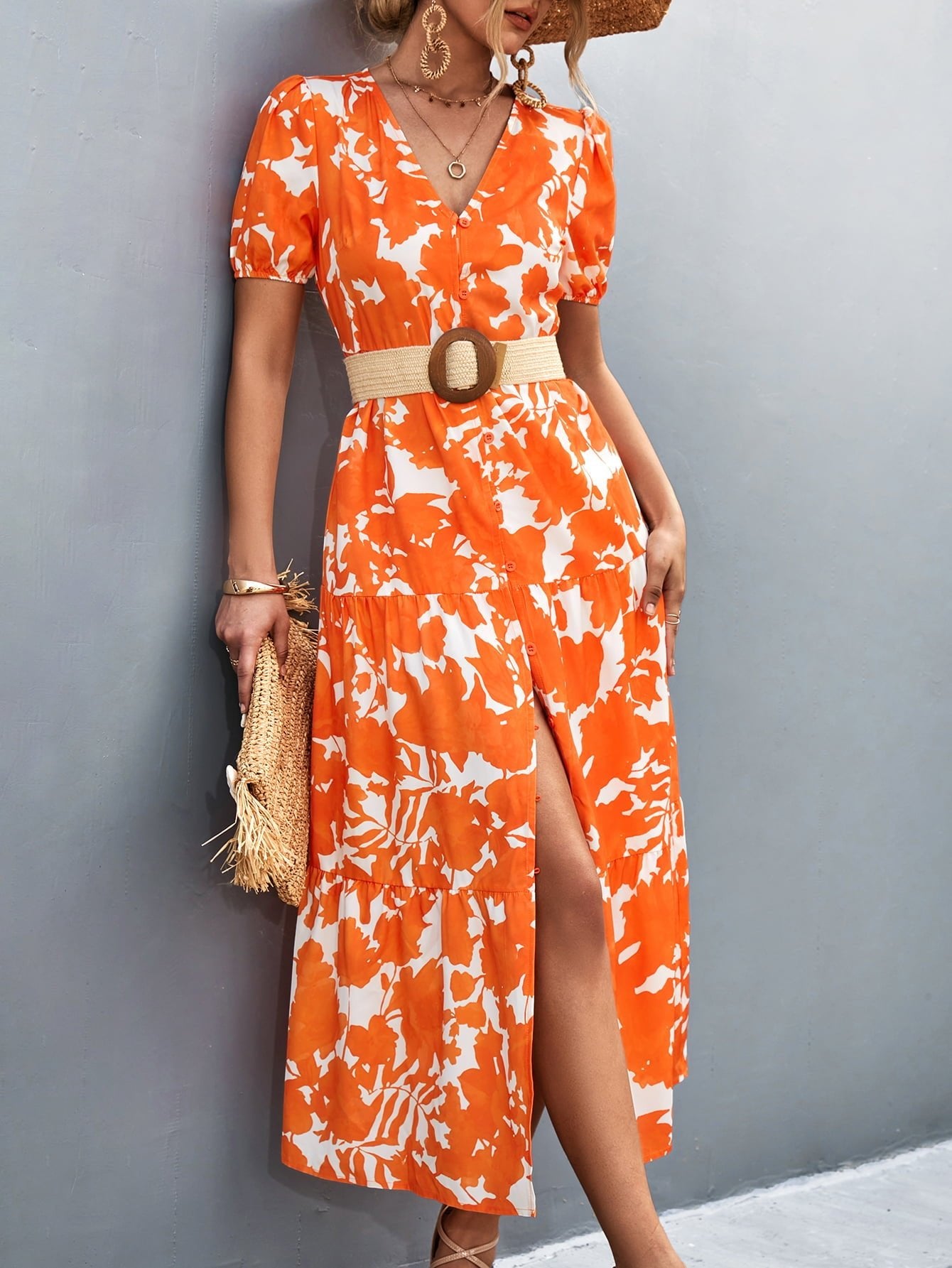 V - Neck Short Sleeve High Slit Midi Dress - Dress - Red Orange - Bella Bourget