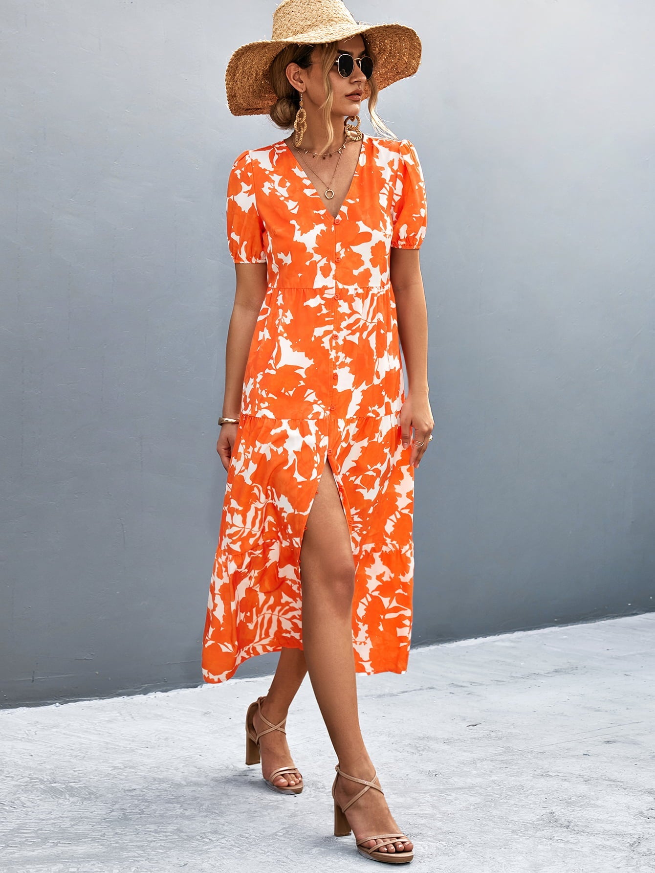 V - Neck Short Sleeve High Slit Midi Dress - Dress - Red Orange - Bella Bourget