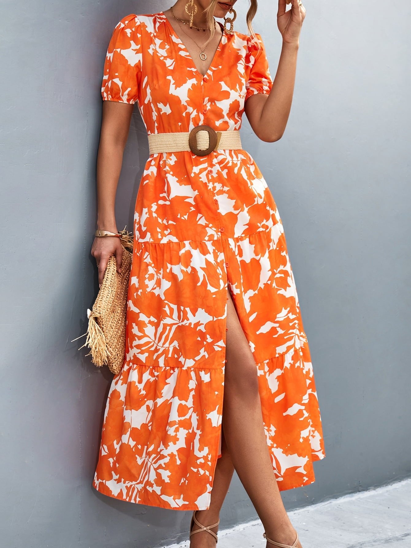 V - Neck Short Sleeve High Slit Midi Dress - Dress - Red Orange - Bella Bourget