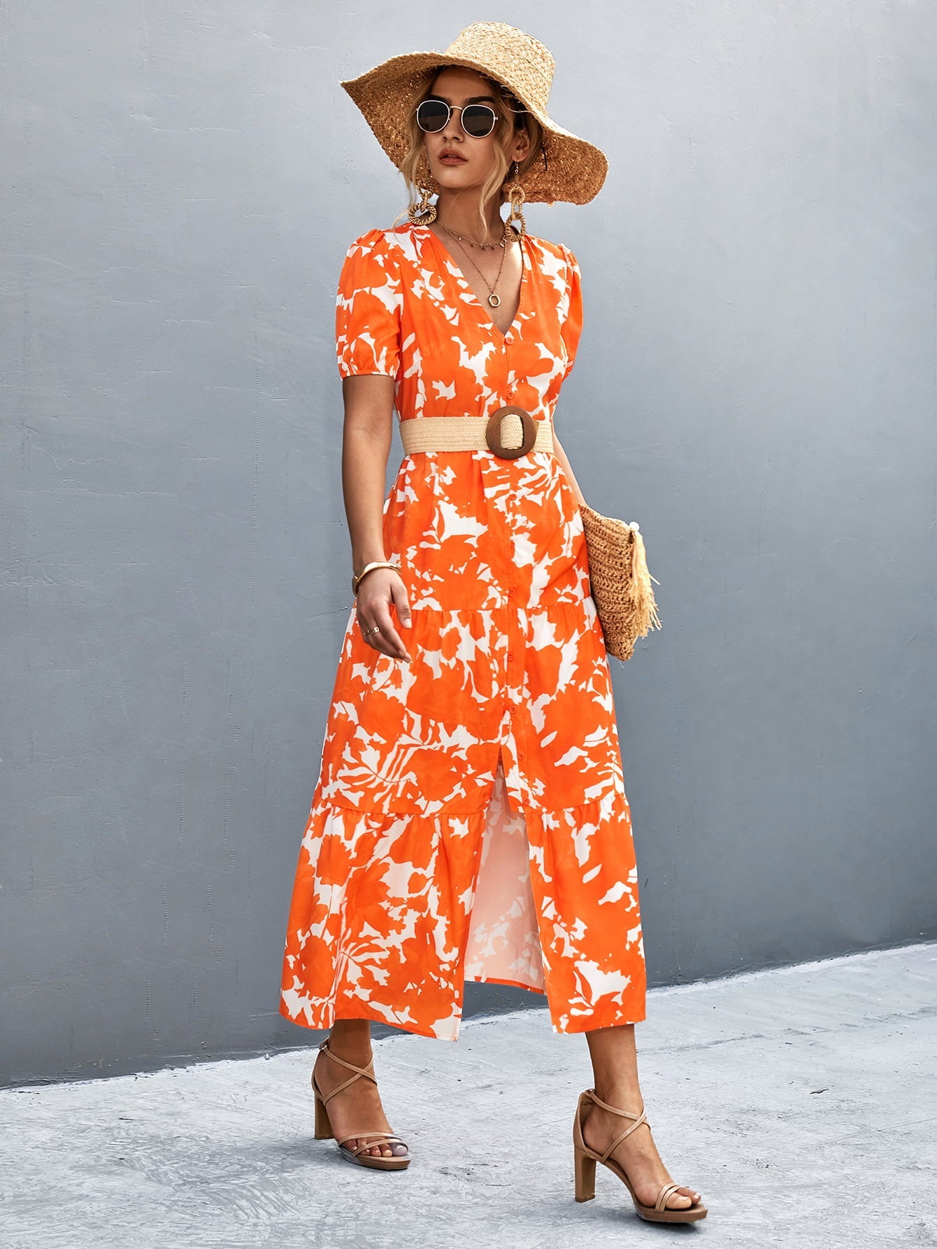 V - Neck Short Sleeve High Slit Midi Dress - Dress - Red Orange - Bella Bourget