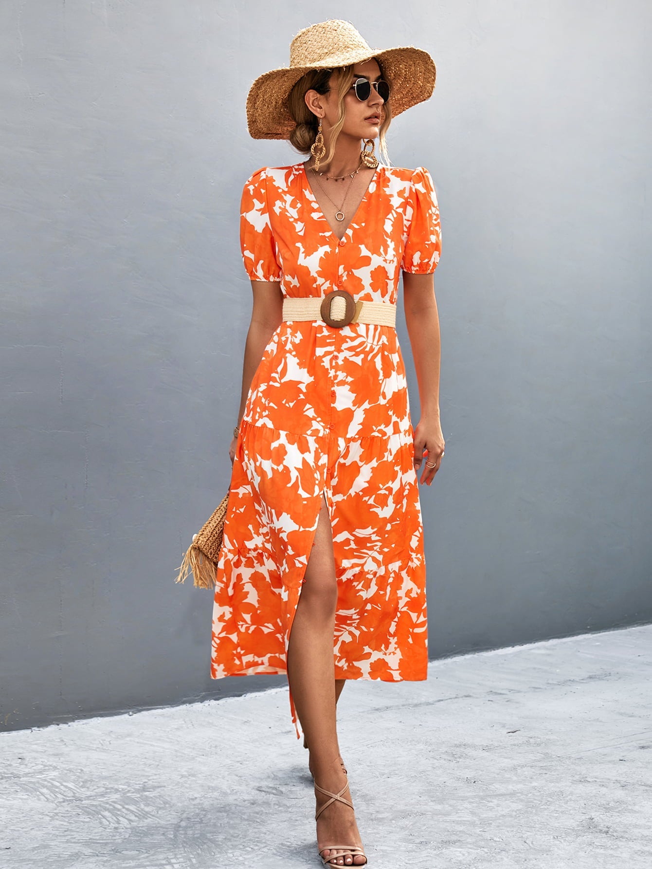 V - Neck Short Sleeve High Slit Midi Dress - Dress - Red Orange - Bella Bourget