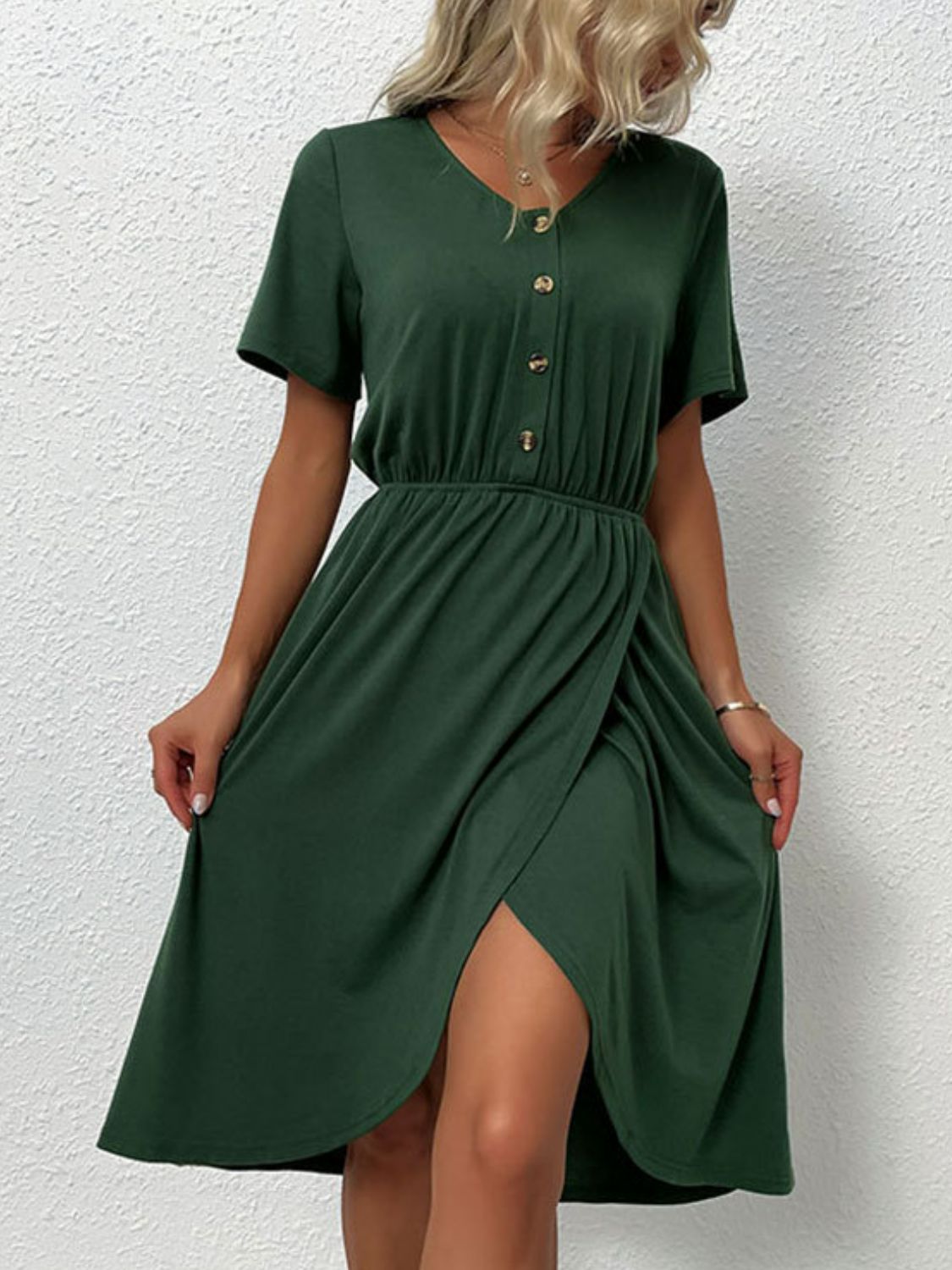 V - Neck Short Sleeve Split Dress - Dress - Dark Green - Bella Bourget