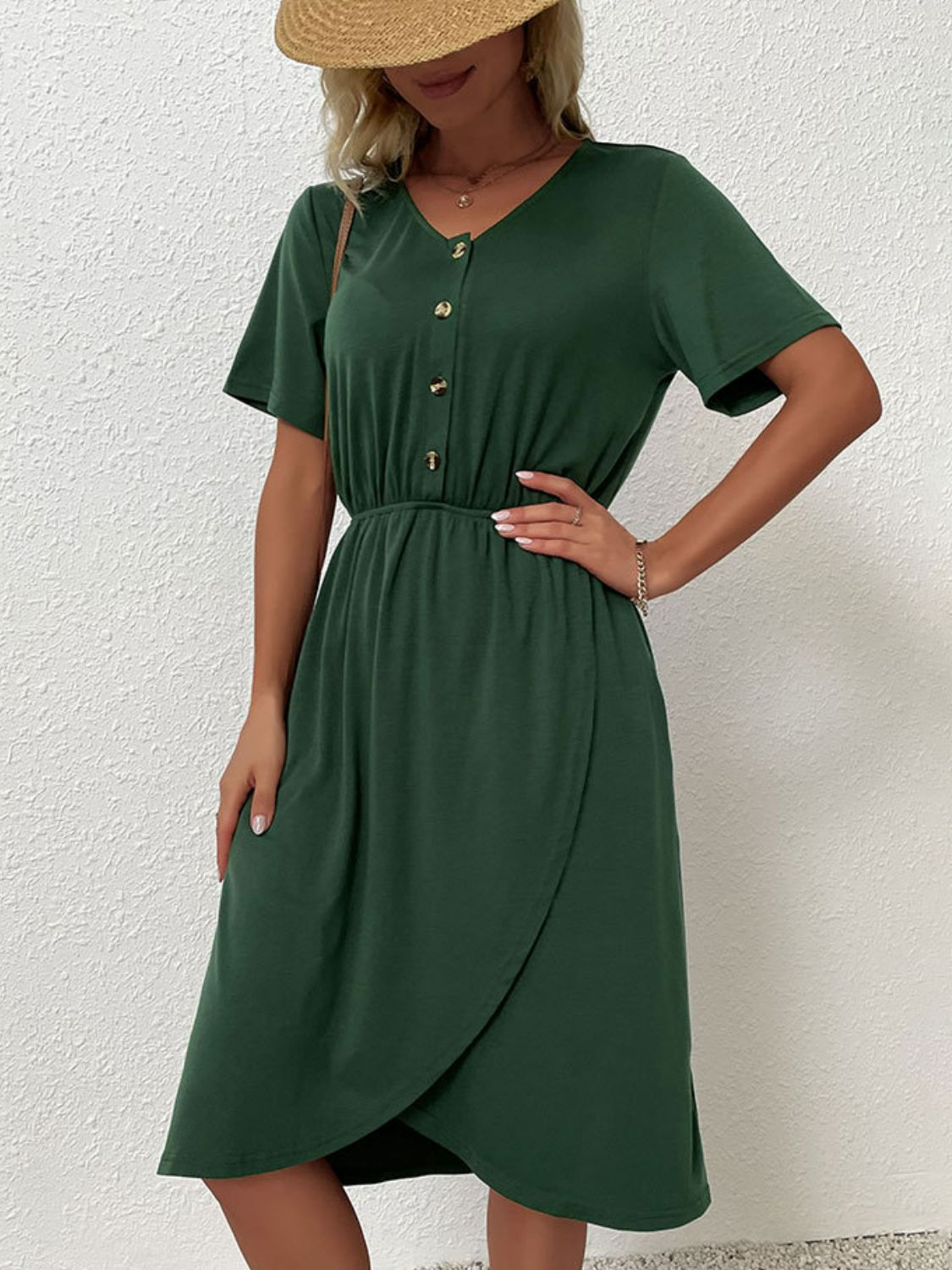 V - Neck Short Sleeve Split Dress - Dress - Dark Green - Bella Bourget