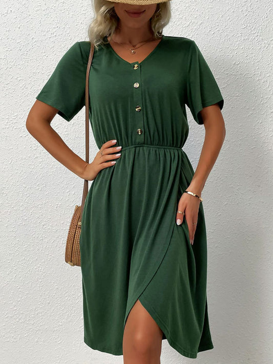 V - Neck Short Sleeve Split Dress - Dress - Dark Green - Bella Bourget