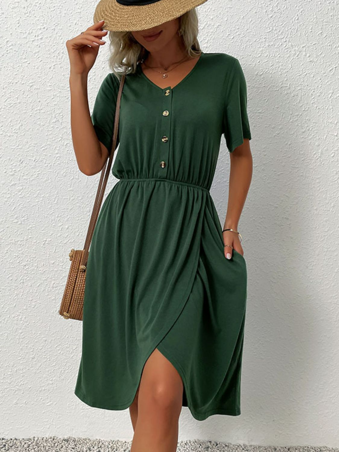 V - Neck Short Sleeve Split Dress - Dress - Dark Green - Bella Bourget