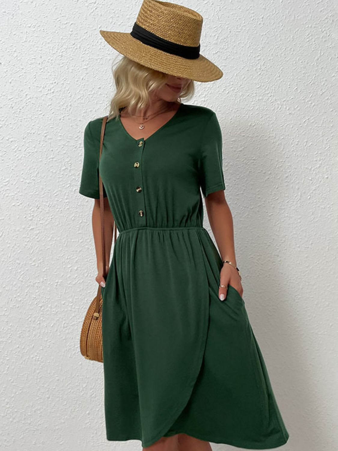 V - Neck Short Sleeve Split Dress - Dress - Dark Green - Bella Bourget