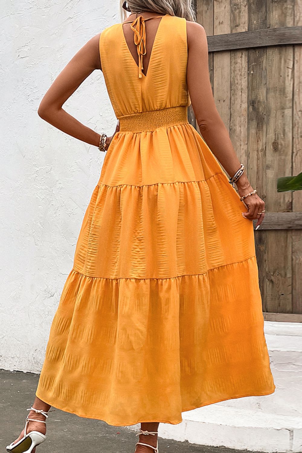 V - Neck Smocked Waist Sleeveless Tiered Dress - Dress - Tangerine - Bella Bourget