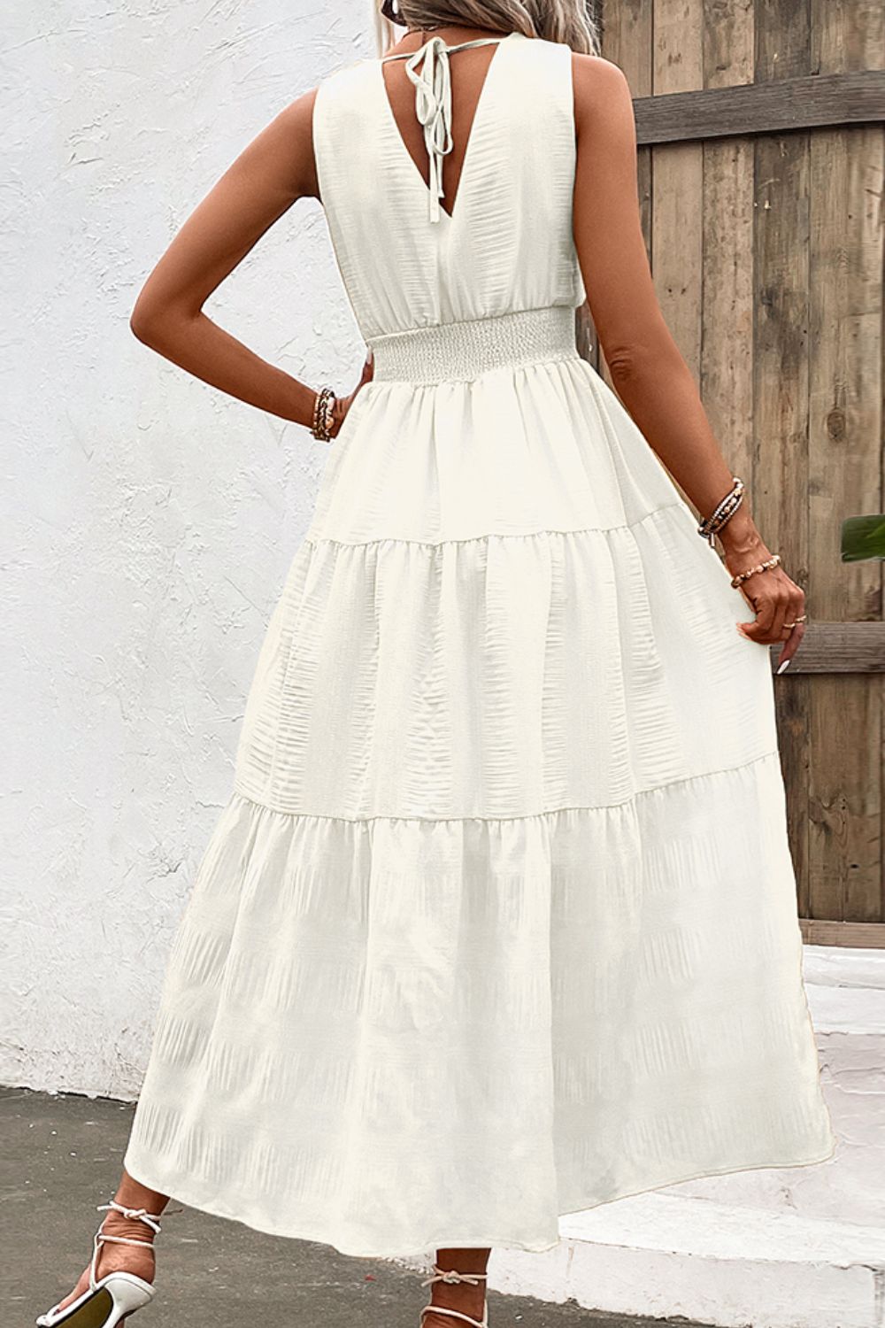 V - Neck Smocked Waist Sleeveless Tiered Dress - Dress - White - Bella Bourget