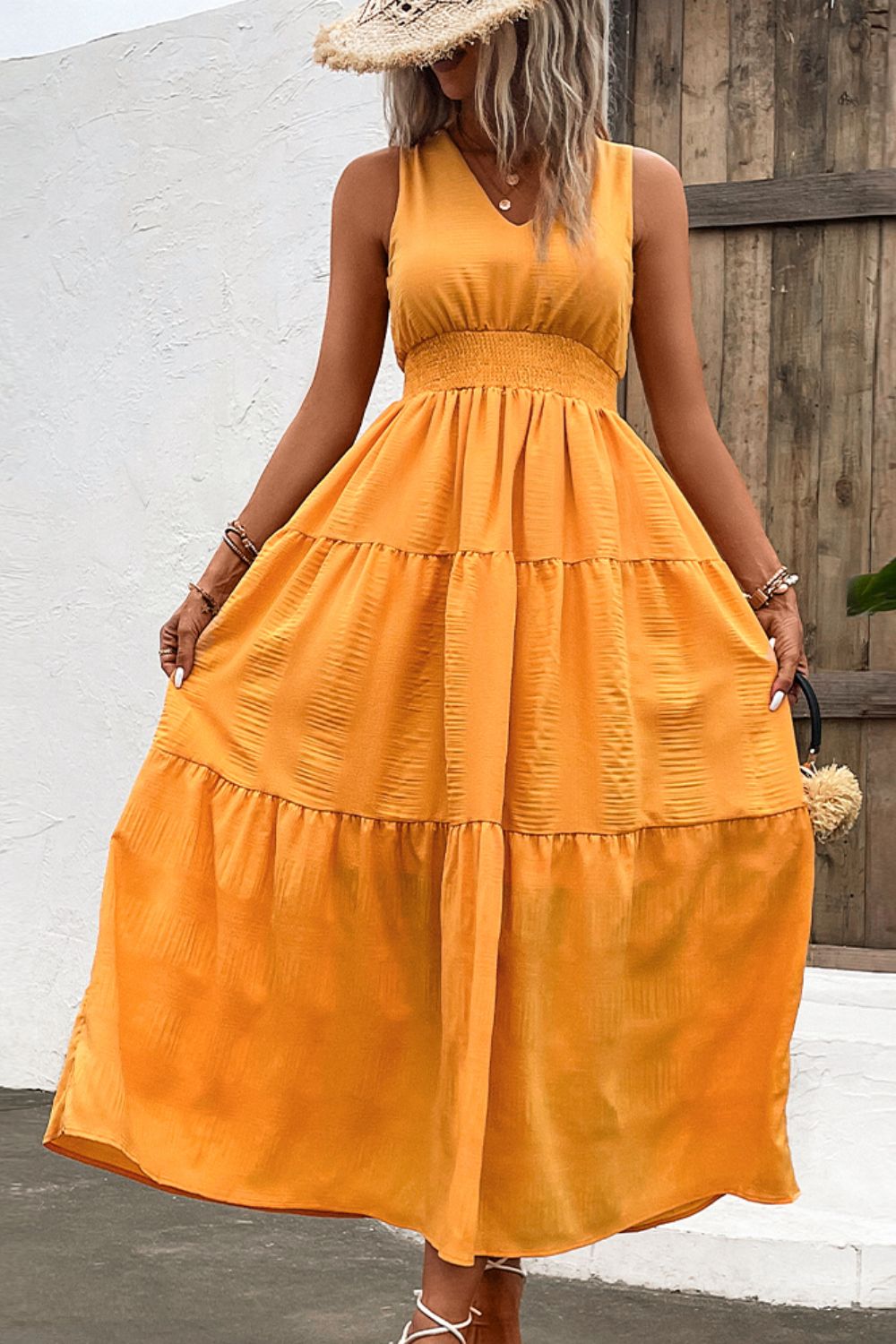 V - Neck Smocked Waist Sleeveless Tiered Dress - Dress - Tangerine - Bella Bourget