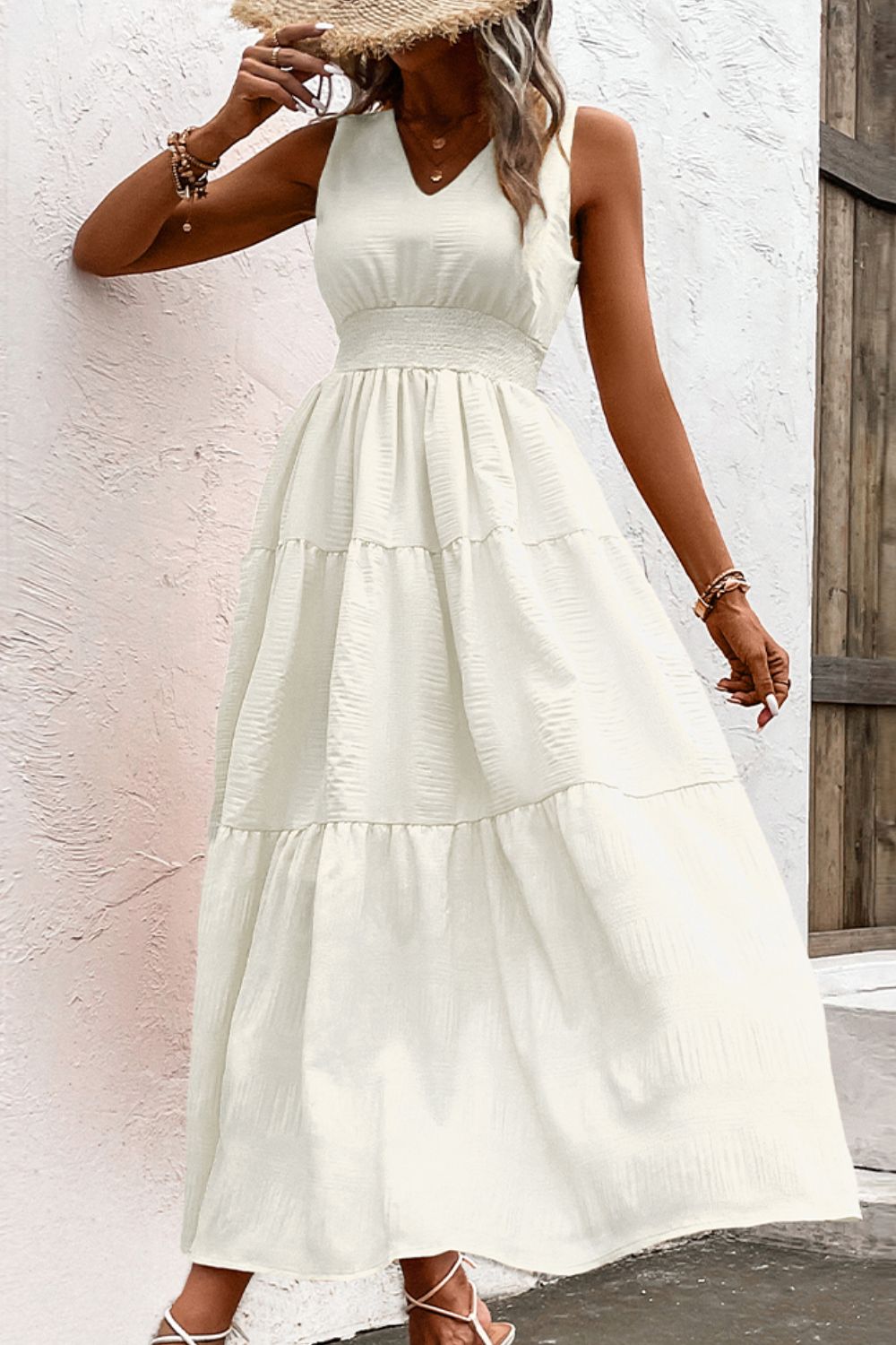 V - Neck Smocked Waist Sleeveless Tiered Dress - Dress - White - Bella Bourget