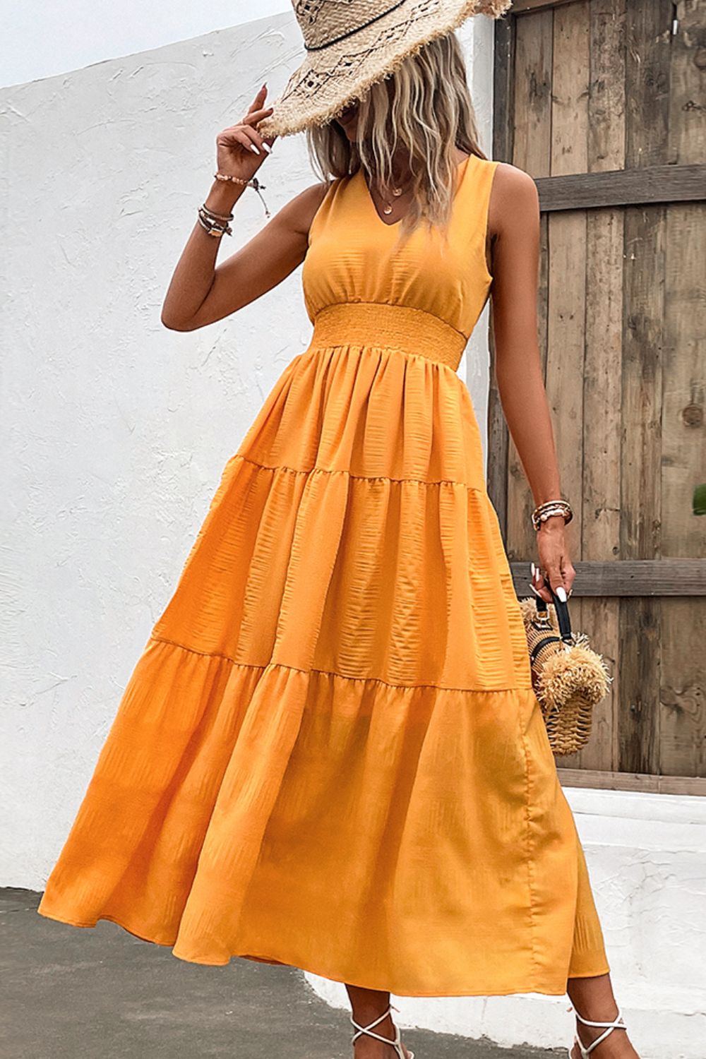 V - Neck Smocked Waist Sleeveless Tiered Dress - Dress - Tangerine - Bella Bourget