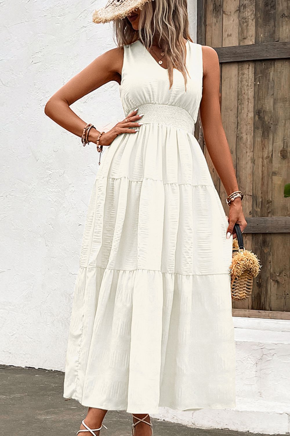 V - Neck Smocked Waist Sleeveless Tiered Dress - Dress - White - Bella Bourget