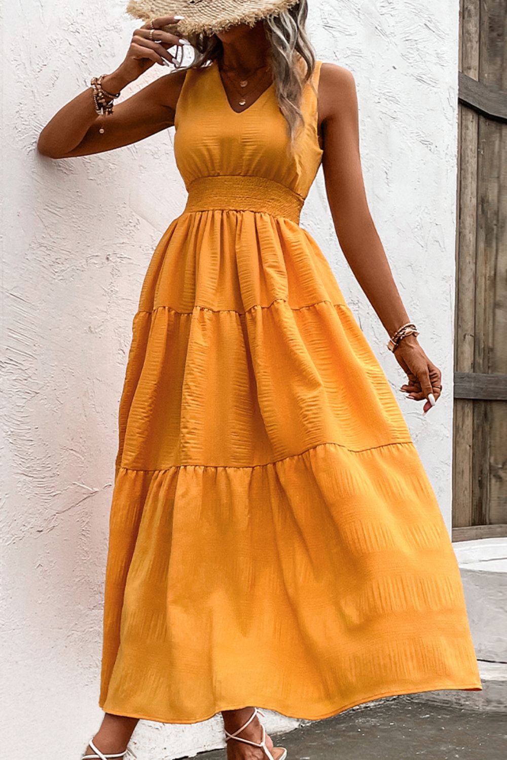 V - Neck Smocked Waist Sleeveless Tiered Dress - Dress - Tangerine - Bella Bourget