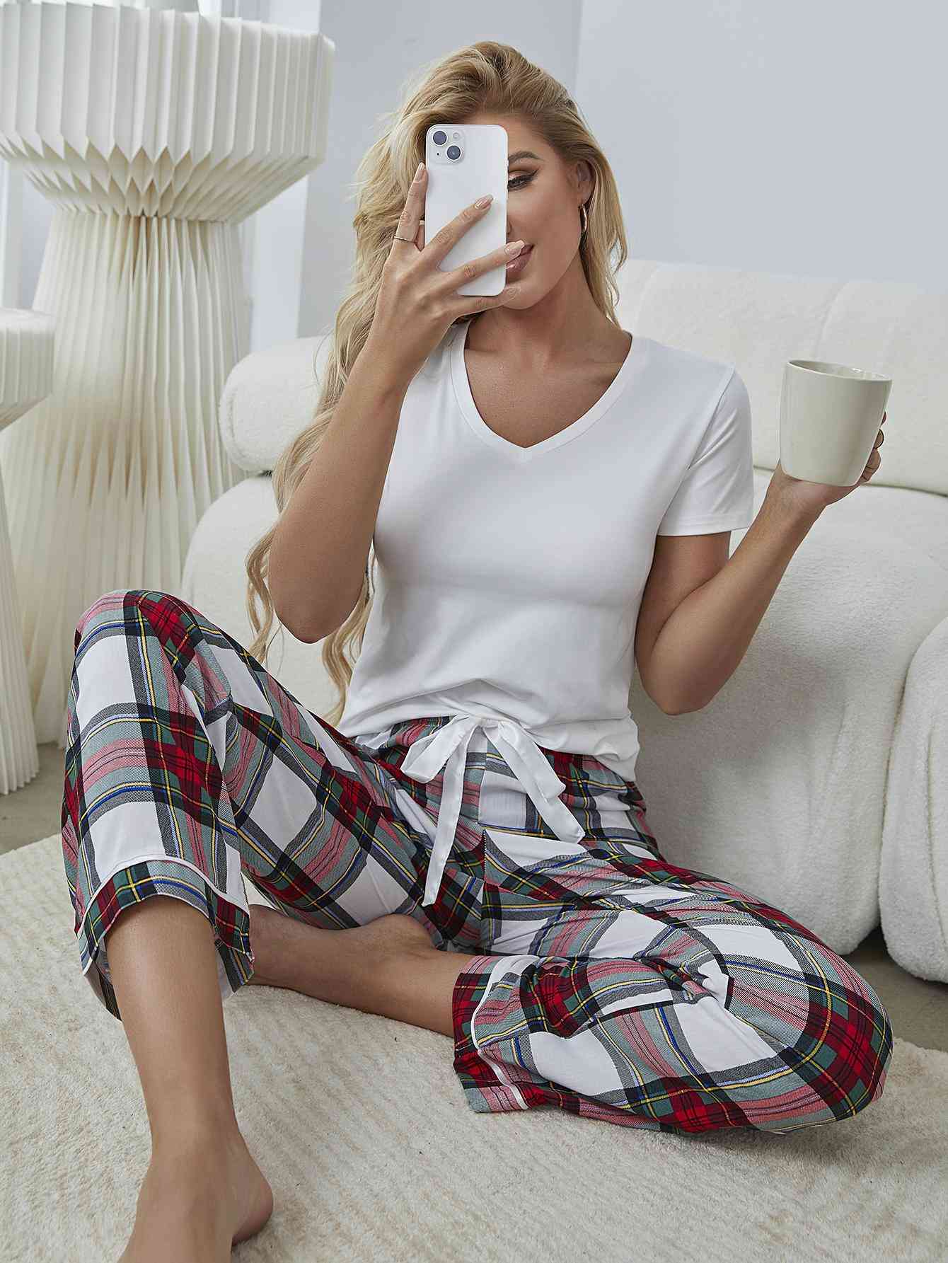 V - Neck Tee and Plaid Pants Lounge Set - Loungewear - White - Bella Bourget